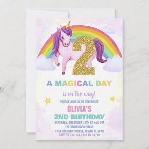 2ème Rainbow Unicorn Anniversaire Invitations Clou