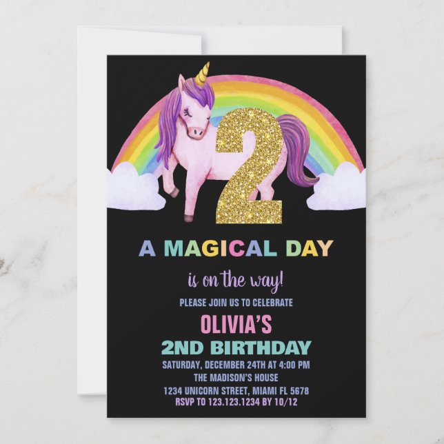 2ème Rainbow Unicorn Birthday Invitations Parties  (Devant)