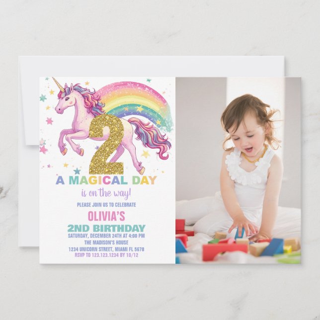 2ème Unicorn Invitations d'anniversaire avec photo (Devant)