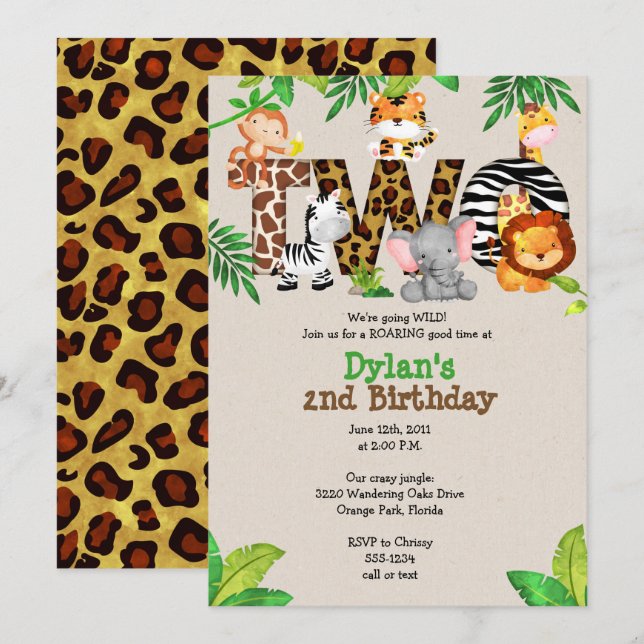 2èmes invitations de fête d'anniversaire de jungle (Devant / Derrière)