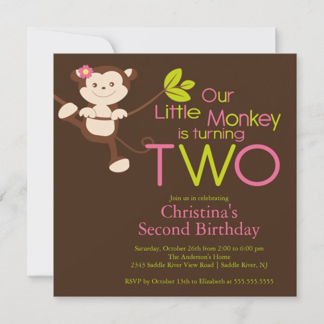 2èmes invitations de fête d'anniversaire de singe (Devant)