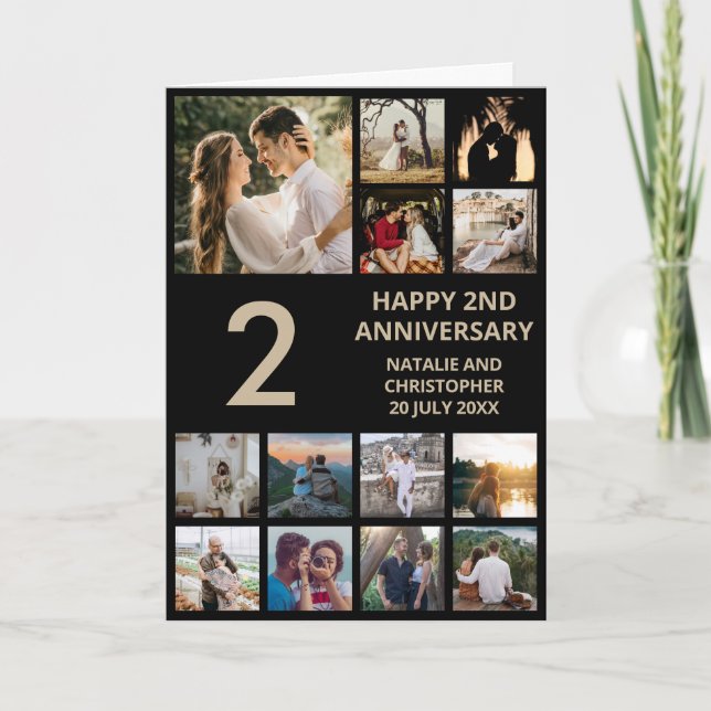 2nd Anniversary 13 Photo Collage Black and Gold Card (Front)