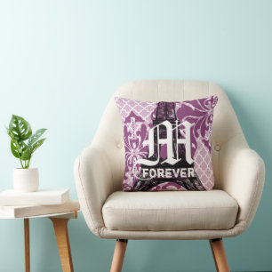 2nd Anniversary Cotton Plum Eiffel Tower Monogram Throw Pillow