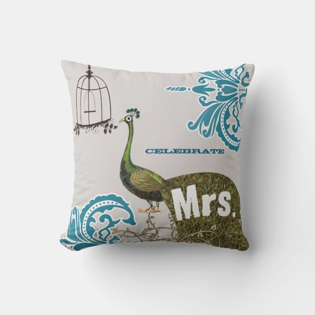 2nd Anniversary Damask Peacock Birdcage Mrs. Throw Pillow (Front)