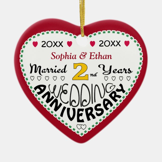 2nd Anniversary Gift Heart Shaped Christmas Ceramic Ornament (Front)