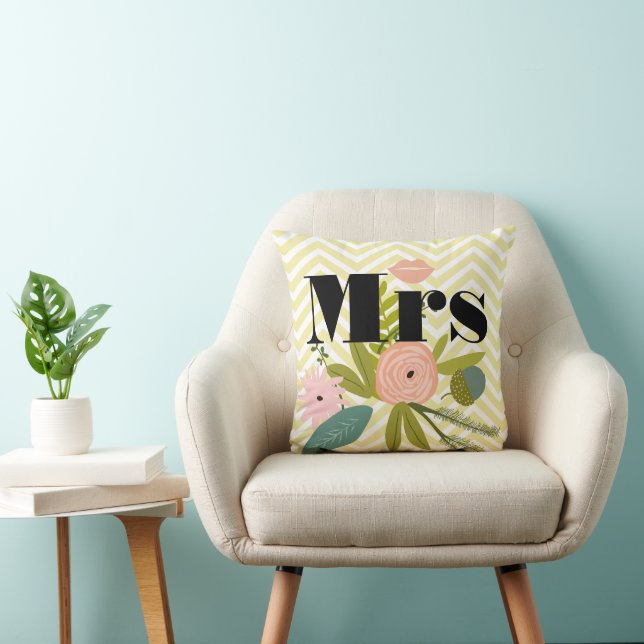 2nd Anniversary Mrs Lips Yellow White Teal ZigZag Throw Pillow (Chair)