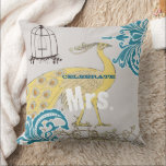 2nd Anniversary Teal Yellow Coral Damask Birdcage Throw Pillow<br><div class="desc">You Personalize this Whimsical Yellow & Coral Tangerine Tango Peacock Grey Green Copper Teal Blue Brown Earthy Hues Vintage Birdcage Pillow to say anything you like or use the existing Mrs. for the Bride (Wedding Reception or Newlywed Gift) Wife (2nd Anniversary Gift) or buy two one Mrs. and one Mr....</div>