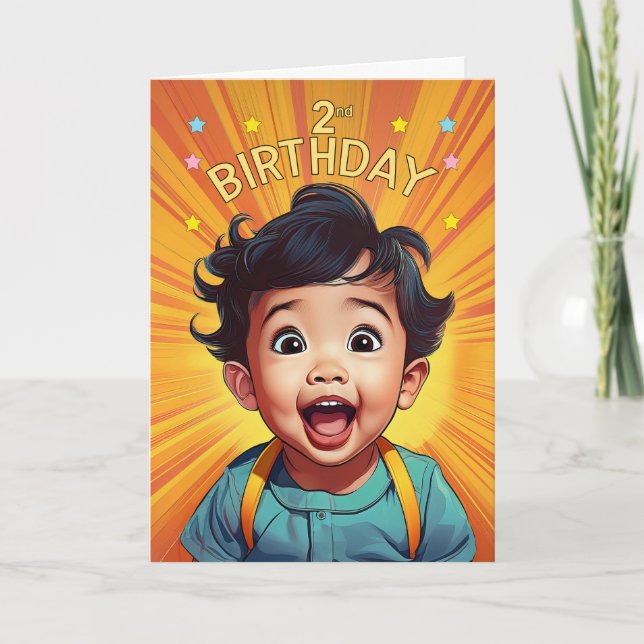 2nd Birthday Asian Baby Boy in Orange Comic Book Card (Front)