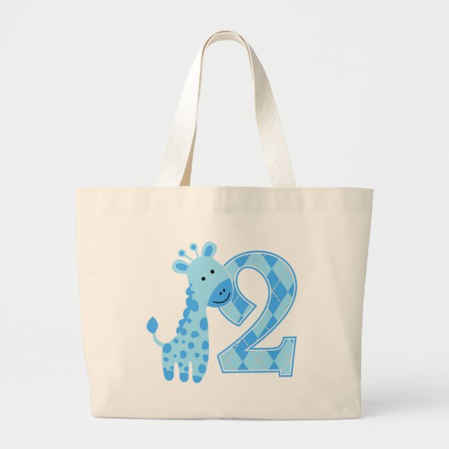 2nd Birthday Blue Giraffe Large Tote Bag (Front)