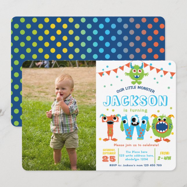 2nd birthday boy little monster birthday photo invitation (Front/Back)