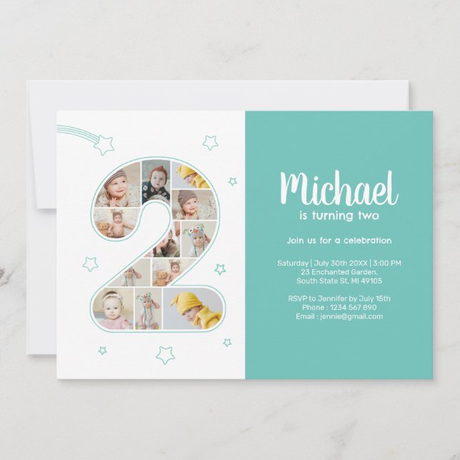 2nd Birthday Boy Number 2 Custom Photo Collage Invitation (Front)