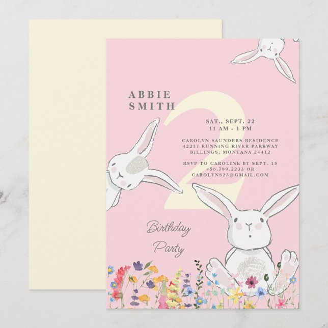 2nd Birthday Bunnies & Wildflowers Pink & Yellow  Invitation (Front/Back)