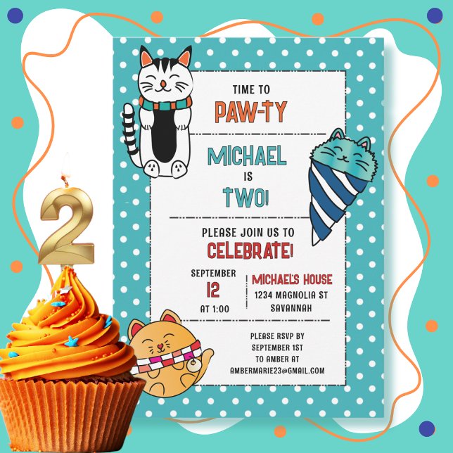 2nd Birthday Cat Cartoon Cute Kitten Kids Party Invitation (Creator Uploaded)