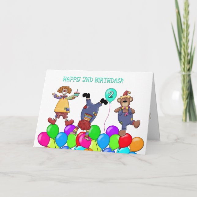 2nd Birthday Clowns Balloons Card (Front)