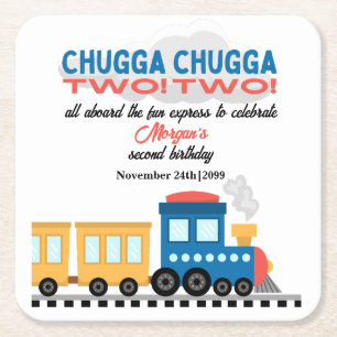 2nd Birthday Colourful Cartoon Train  Square Paper Coaster