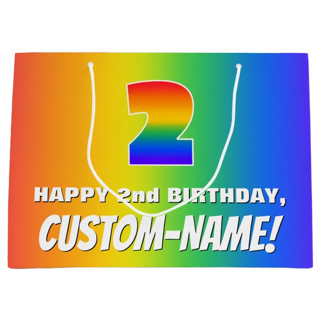 2nd Birthday: Colourful, Fun Rainbow Pattern # 2 Large Gift Bag (Front)