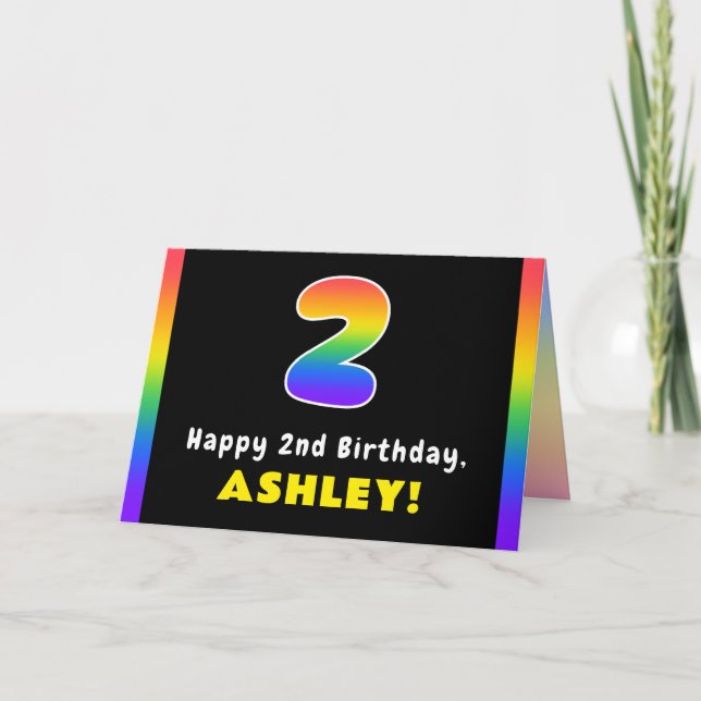 2nd Birthday: Colourful Rainbow # 2, Custom Name Card (Front)
