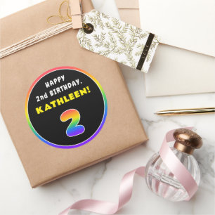 2nd Birthday: Colourful Rainbow # 2, Custom Name Classic Round Sticker