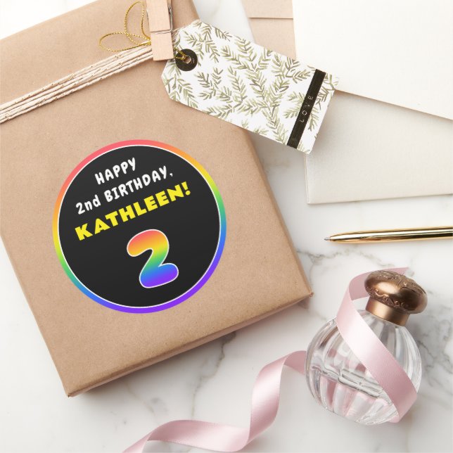 2nd Birthday: Colourful Rainbow # 2, Custom Name Classic Round Sticker (Gifting)