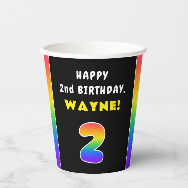 2nd Birthday: Colourful Rainbow # 2, Custom Name Paper Cups (Front)