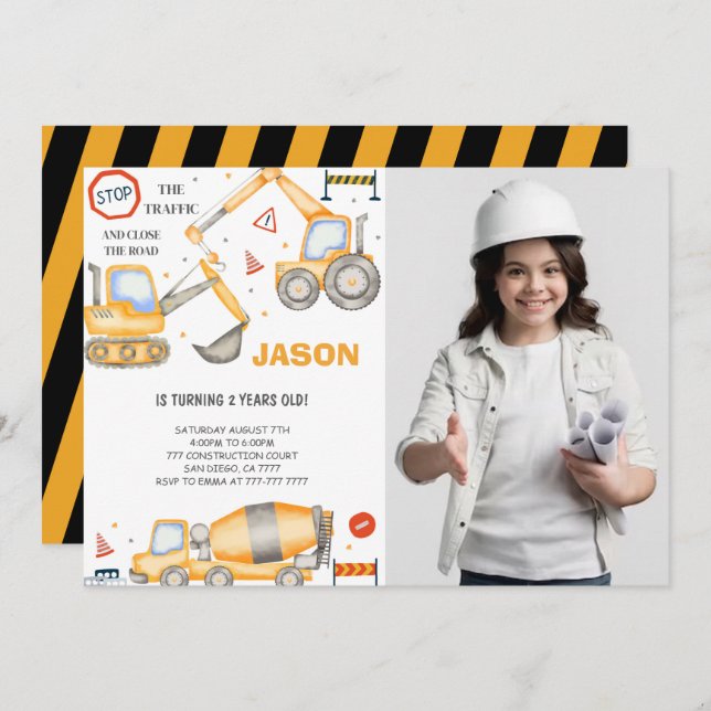 2nd Birthday Construction Boy Photo Invitation (Front/Back)
