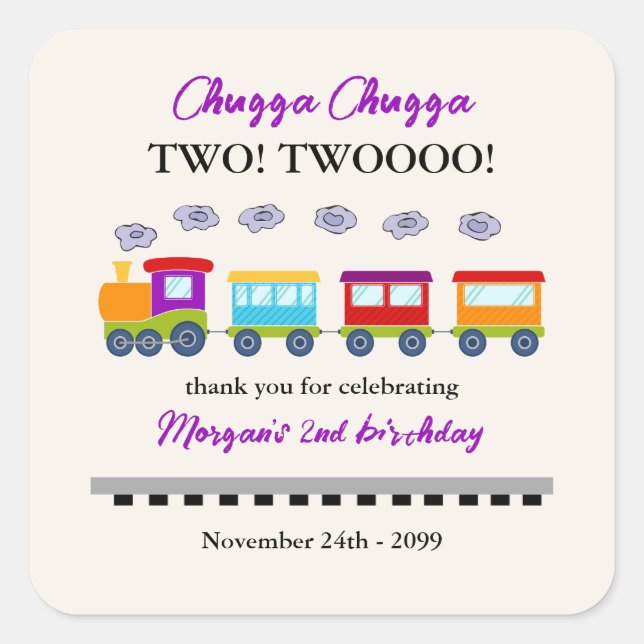 2nd Birthday Cute Colourful Train  Square Sticker (Front)