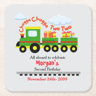 2nd Birthday Cute Colourful Train With Presents Square Paper Coaster