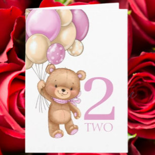 2nd birthday cute pink balloons girl teddy card
