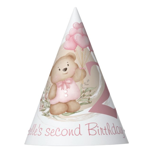 2nd Birthday Cute Teddy Bear Pink Party Hats (Front)