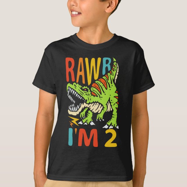  2nd Birthday Dinosaur T Rex Rawr I'm 2 For Boys  T-Shirt (Front)