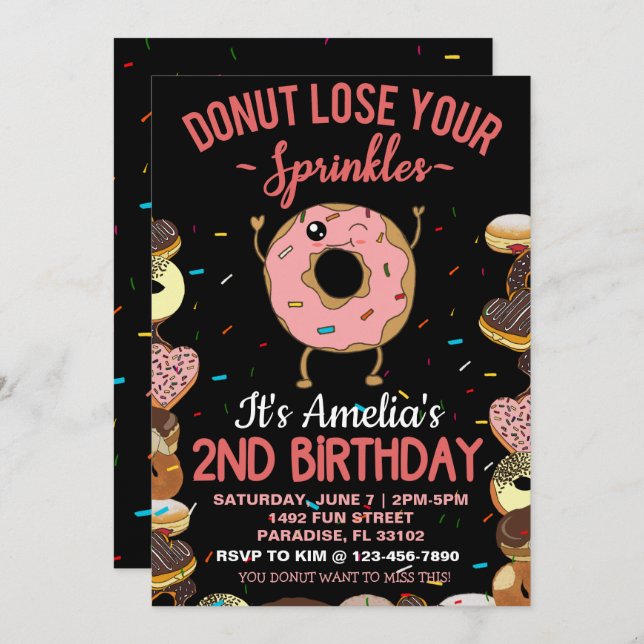 2nd Birthday Doughnut Theme Two Years Old Invitation (Front/Back)