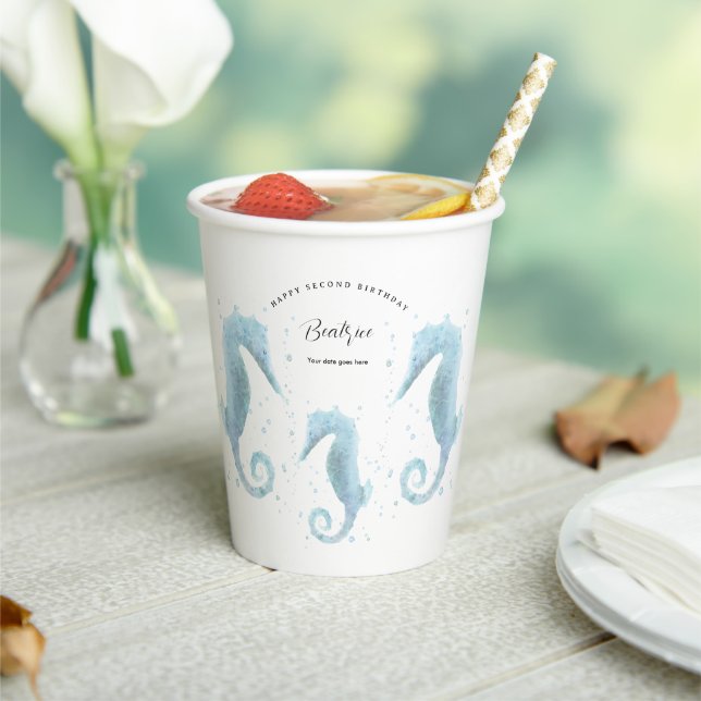 2nd Birthday Dusty Blue Seahorse  Paper Cups (Insitu)