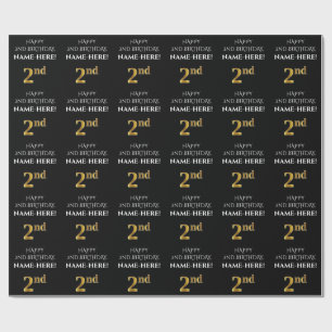 2nd Birthday: Elegant, Black, Faux Gold Look Wrapping Paper