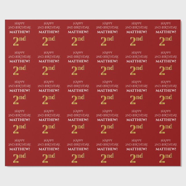 2nd Birthday: Elegant, Red, Faux Gold Look Wrapping Paper (Flat)