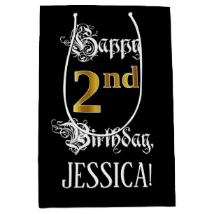 2nd Birthday ~ Fancy Script; Faux Gold Look; Name Medium Gift Bag