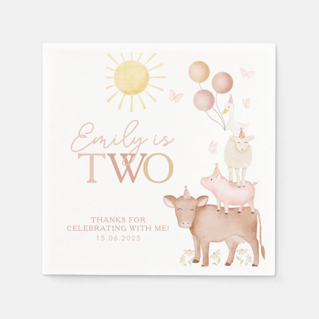 2nd Birthday Farm Animals Barnyard Party Girls Napkin (Front)