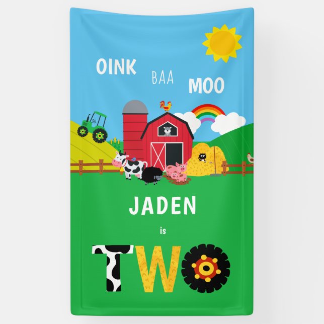 2nd Birthday Farm Barn Animals Oink Baa Moo Cute Banner (Vertical)