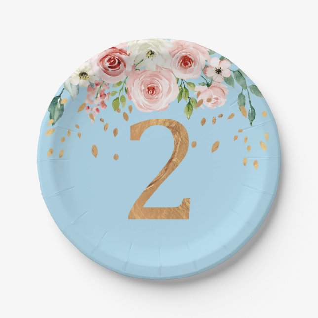 2nd Birthday Floral Blue Boy Paper Plate (Front)