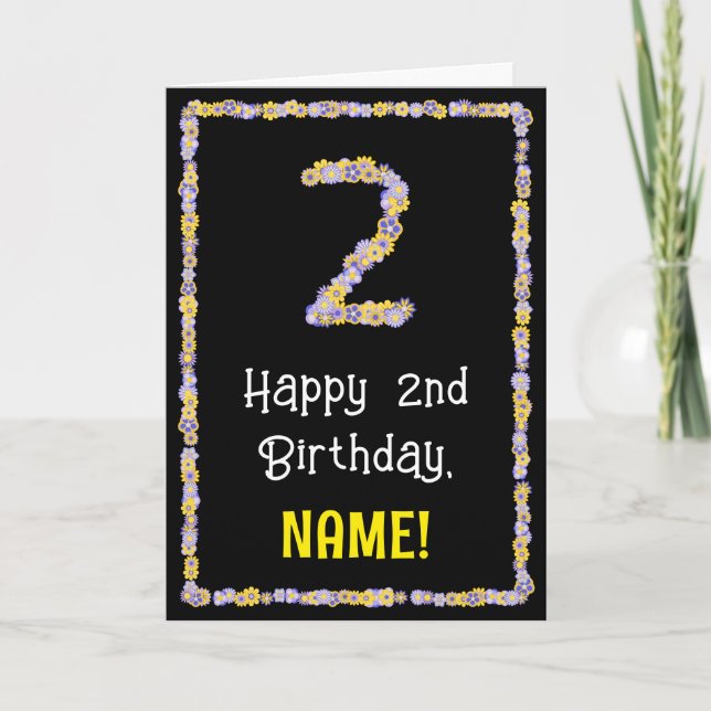 2nd Birthday: Floral Flowers Number, Custom Name Card (Front)