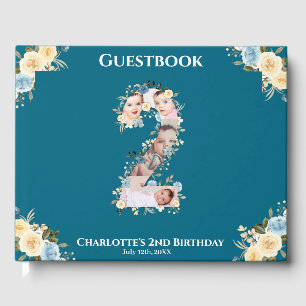 2nd Birthday Flower Teal Photo Collage Blue Yellow Guest Book