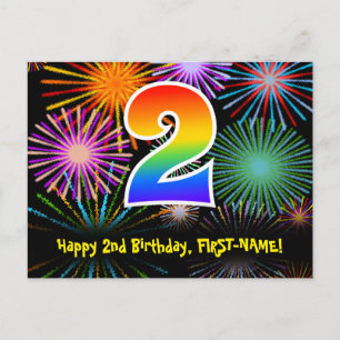 2nd Birthday – Fun Fireworks Pattern + Rainbow 2 Postcard
