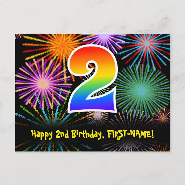 2nd Birthday – Fun Fireworks Pattern + Rainbow 2 Postcard (Front)