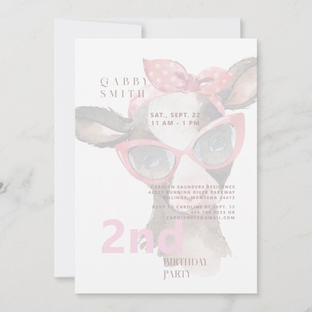 2nd Birthday Glasses on Pink Cow Pink Invitation (Front)