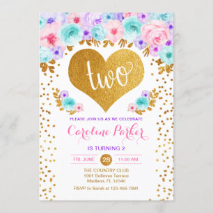 2nd Birthday - Gold Heart Teal Purple Pink Invitation