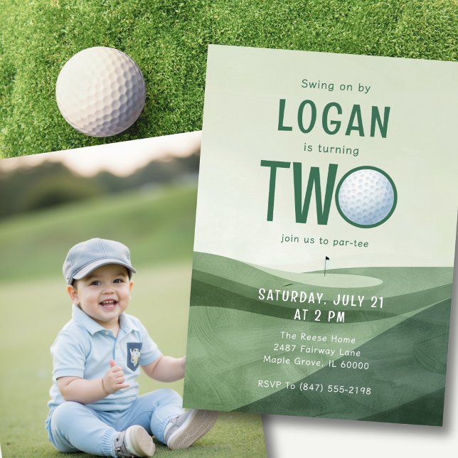 2nd Birthday Golf Par-tee Photo Watercolor  Invitation (Add your favorite photo on the back for a personal, memorable birthday touch.)