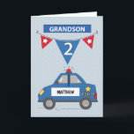 2nd Birthday Grandson Custom Name Blue Police Car Card<br><div class="desc">A blue police car is on the road rushing to bring birthday greetings to your grandson on his 2nd birthday! Customize with his name on the police car for a personal touch! Soft blue background has subtle stars, and a pennant with flags hangs with the number two. The word grandson...</div>