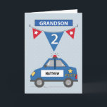 2nd Birthday Grandson Custom Name Blue Police Car Card<br><div class="desc">A blue police car is on the road rushing to bring birthday greetings to your grandson on his 2nd birthday! Customize with his name on the police car for a personal touch! Soft blue background has subtle stars, and a pennant with flags hangs with the number two. The word grandson...</div>