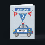 2nd Birthday Grandson Custom Name Blue Police Car Card<br><div class="desc">A blue police car is on the road rushing to bring birthday greetings to your grandson on his 2nd birthday! Customize with his name on the police car for a personal touch! Soft blue background has subtle stars, and a pennant with flags hangs with the number two. The word grandson...</div>