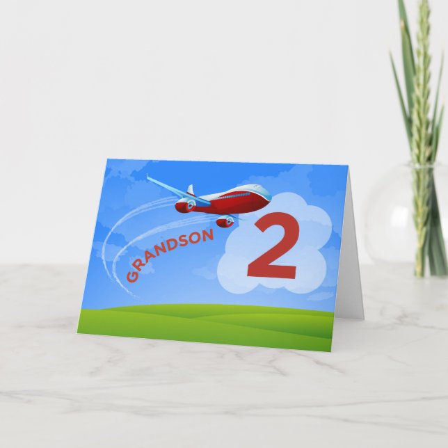2nd Birthday Grandson Red Airplane Card (Front)