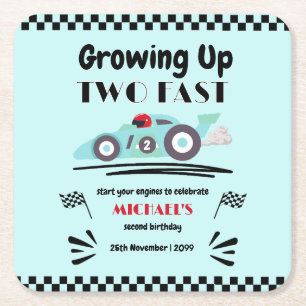 2nd Birthday Growing Up Two Fast Blue Race Car Square Paper Coaster